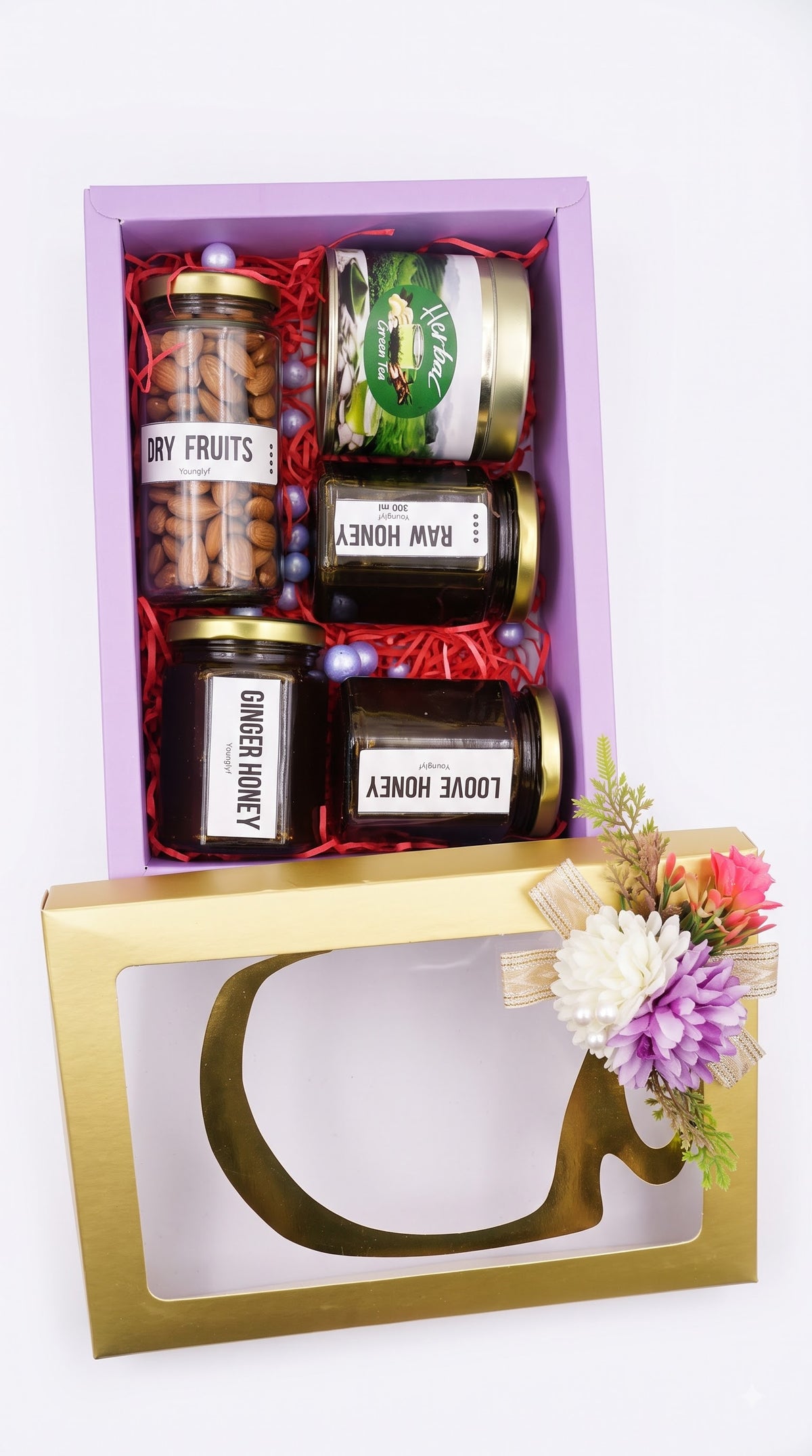 Younglyf Premium Wellness Gift Hamper – Pure Raw Honey, Ginger Honey, Herbal Green Tea & Premium Dry Fruits (Almonds) | Luxury Festive & Corporate Gift Box