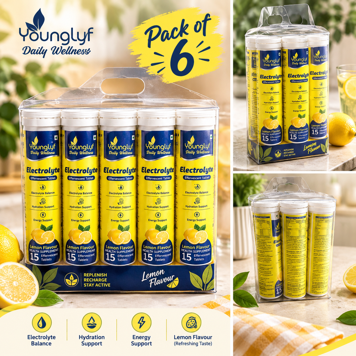 Younglyf Daily Wellness Lemon Electrolyte Effervescent Tablets | Premium Hydration Support (15 Tablets) Pack of 6