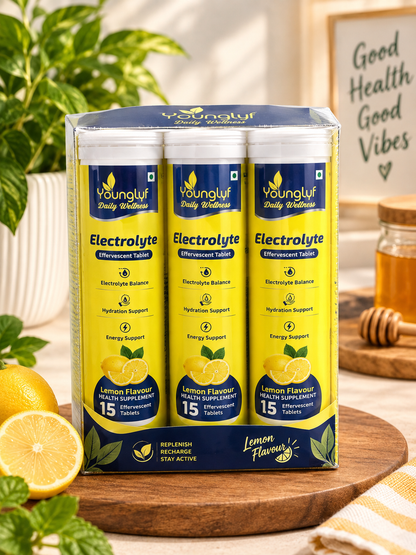 Younglyf Daily Wellness Lemon Electrolyte Effervescent Tablets | Premium Hydration Support (15 Tablets) Pack of 6