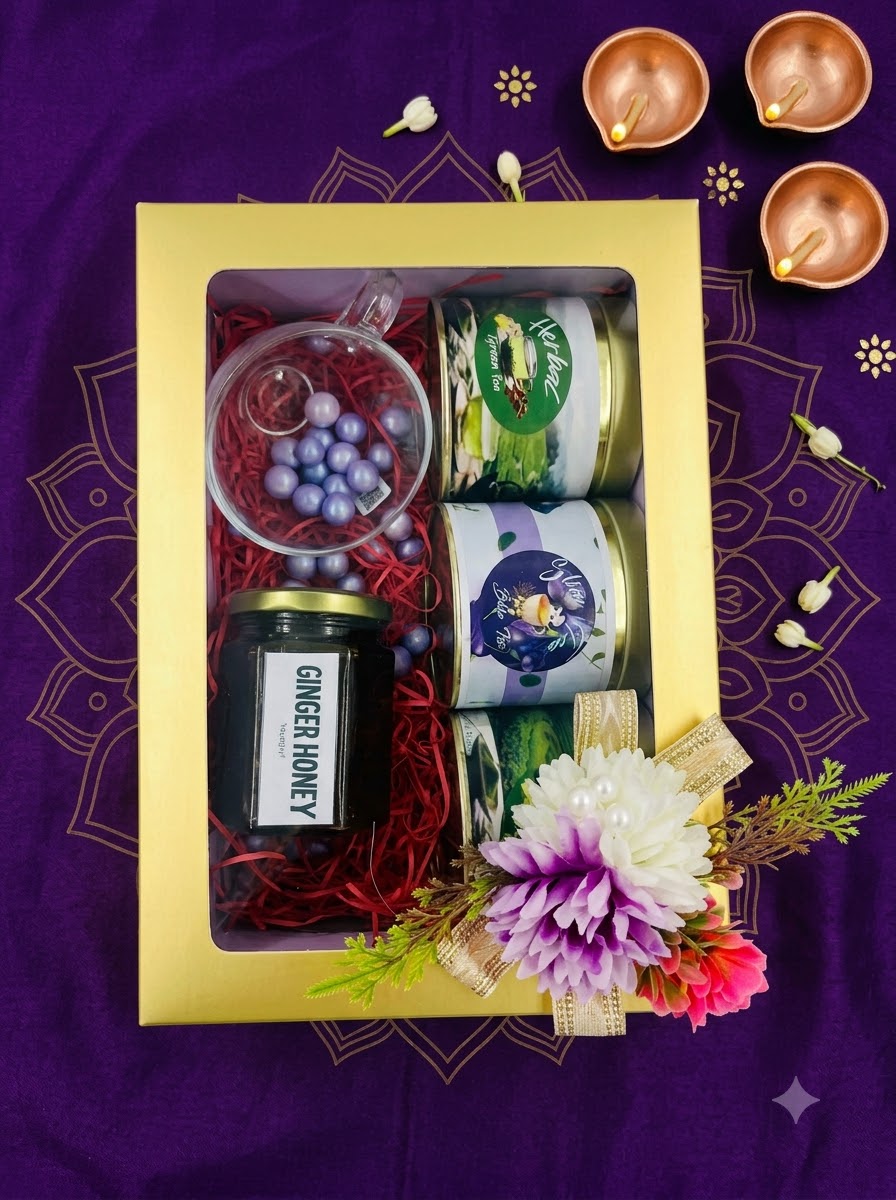 YOUNGLYF The Curated Casket Festive Tea & Honey Gift Set - Herbal Green Tea, Blue Tea & Premium Ginger Honey