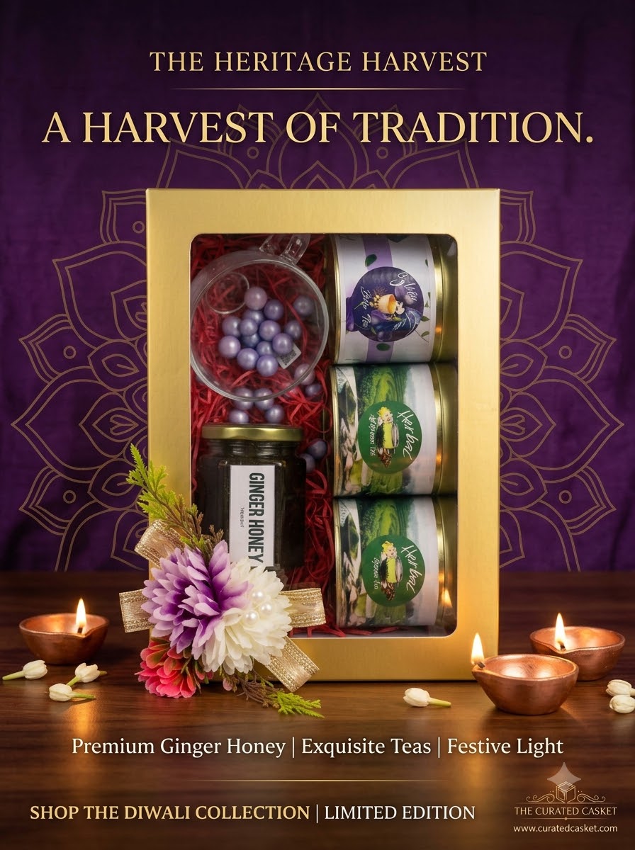 YOUNGLYF The Curated Casket Festive Tea & Honey Gift Set - Herbal Green Tea, Blue Tea & Premium Ginger Honey