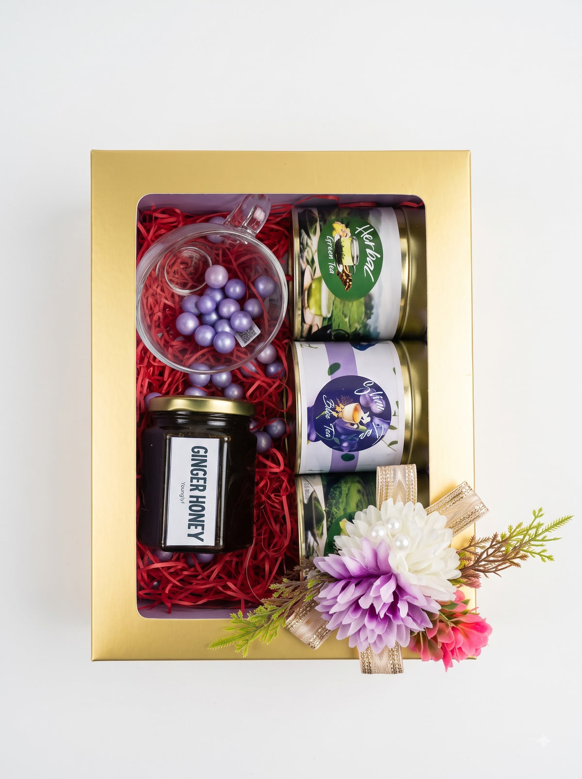 YOUNGLYF The Curated Casket Festive Tea & Honey Gift Set - Herbal Green Tea, Blue Tea & Premium Ginger Honey