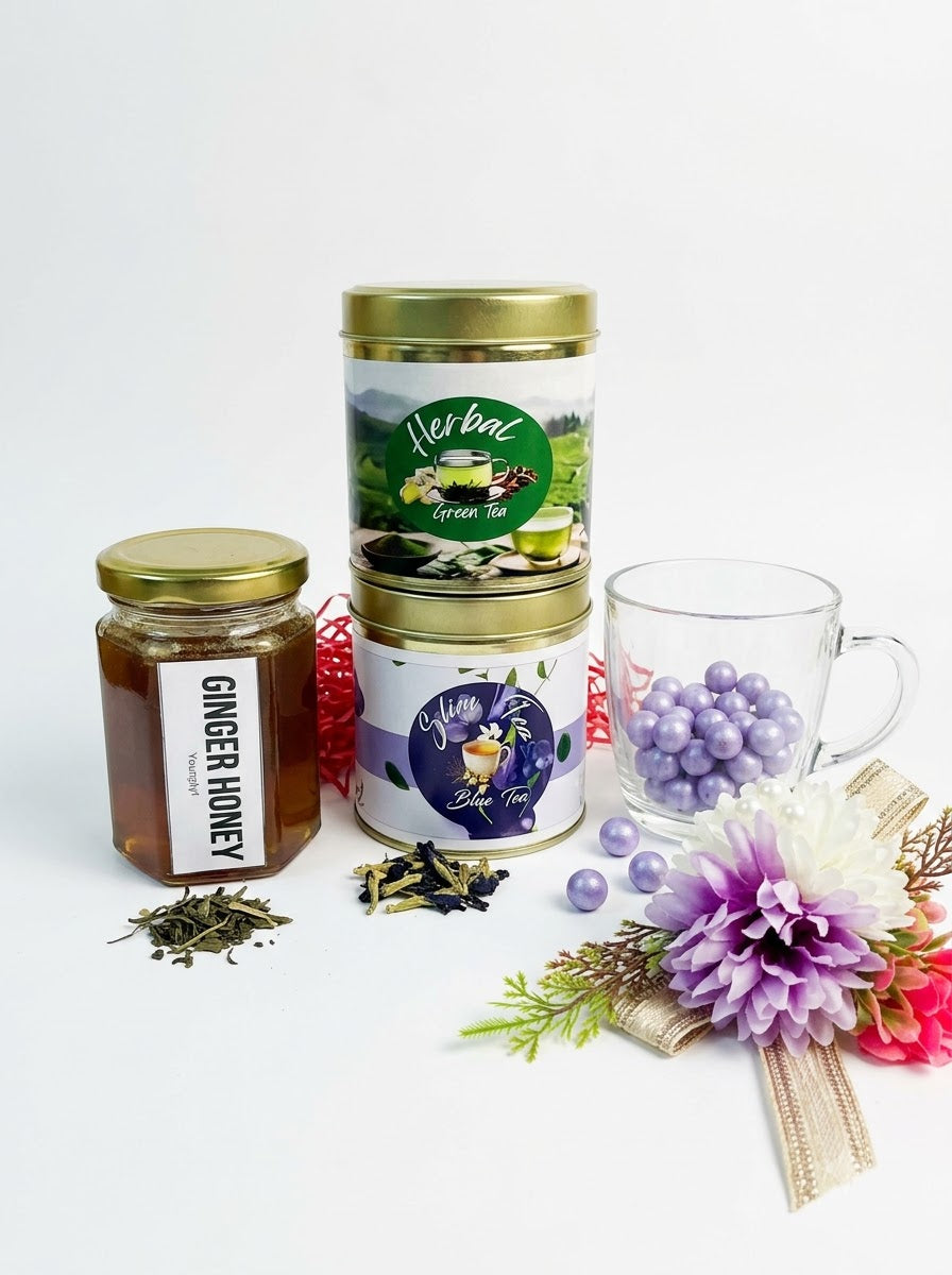 Premium Wellness Tea & Honey Gift Hamper – Herbal Green Tea, Blue Tea, Ginger Honey & Glass Mug Set in Luxury Box